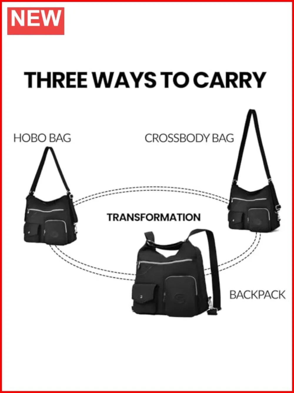 Waterproof Nylon Hobo Crossbody Convertible Backpack RFID